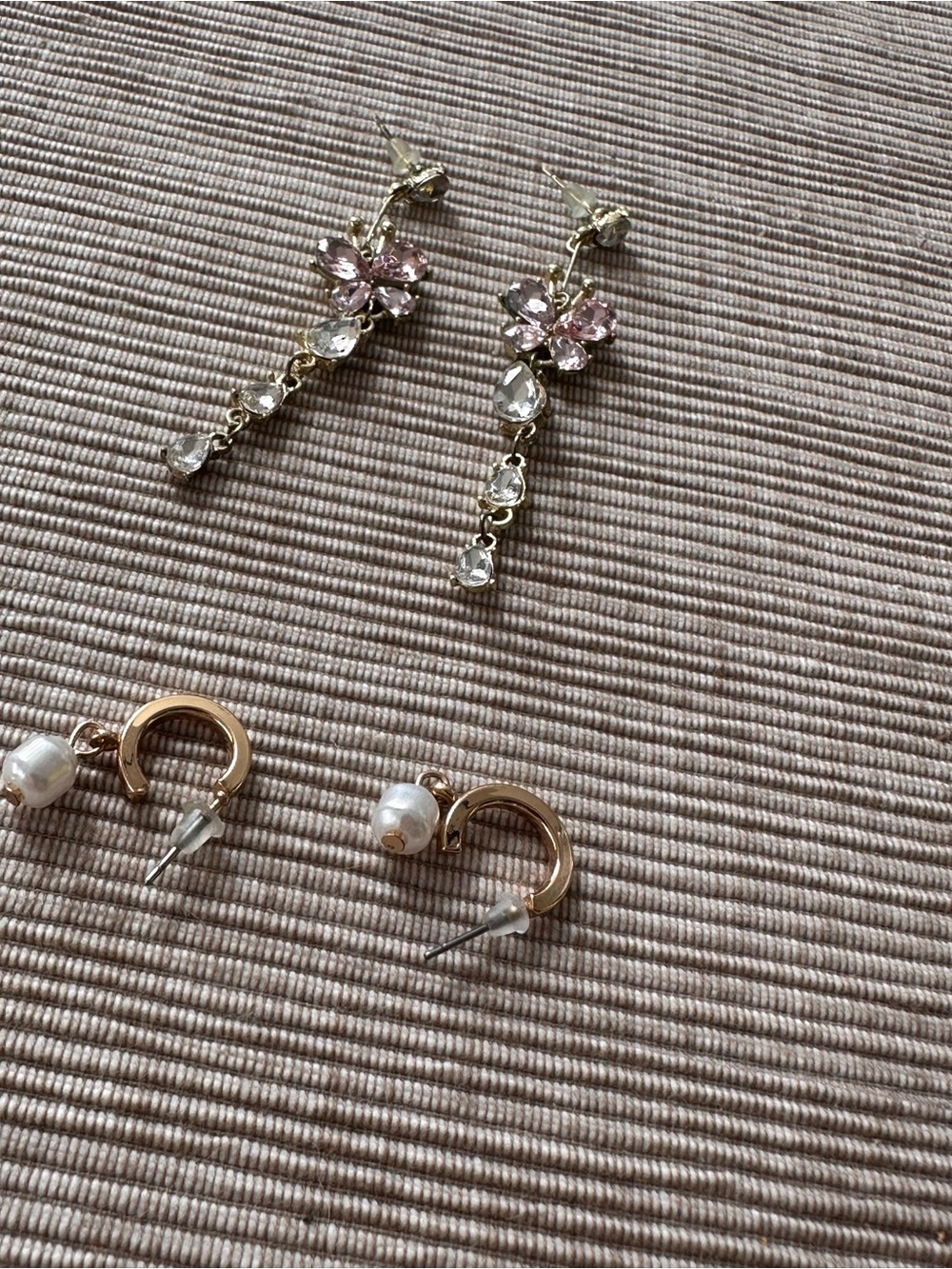 Gold-Tone Pink Crystal Floral Drop Earrings with Pearl Hoop Accent